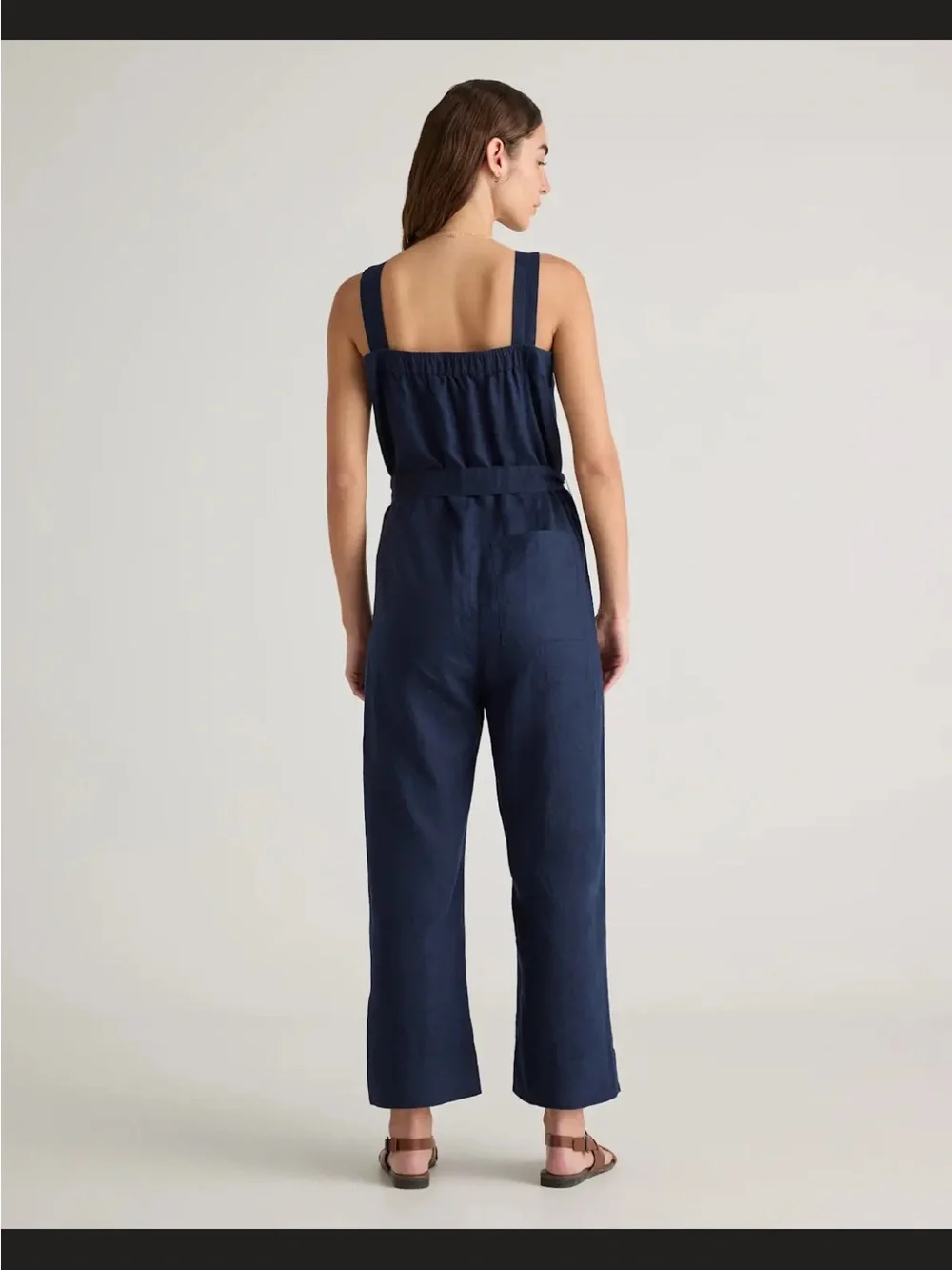 Quince Navy Square-Neck Linen Blend Jumpsuit with Tie Belt
